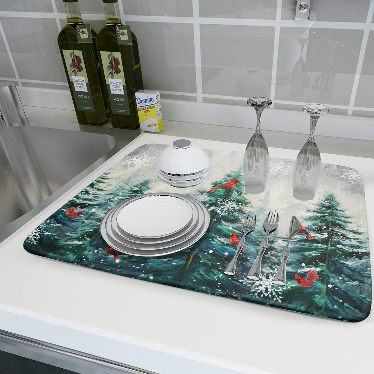Pine Tree Dish Drying Mat for Kitchen Countertop Red Bird Dishes Mats Winter Decorative Absorbent Reversible Drainer Rack Pad 18x24 Inch