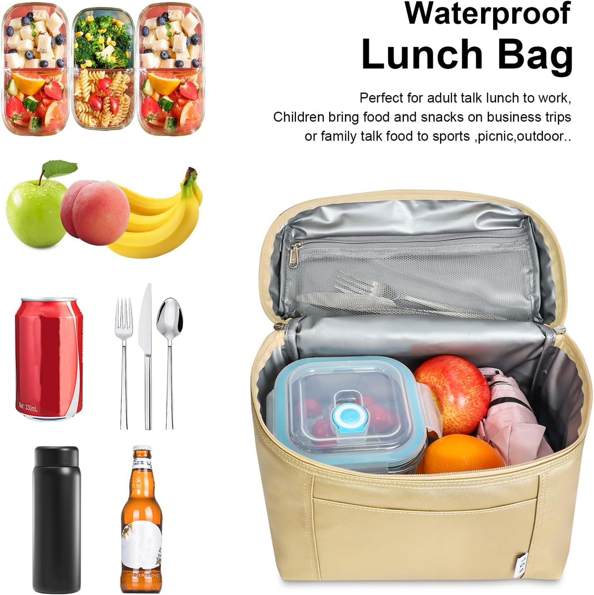 NOL Natural Organic Lifestyle Insulated Lunch Bags for Women Cooler Bag Lightweight Nylon Waterproof Lunch Box For Work (Gold, Medium(normal))