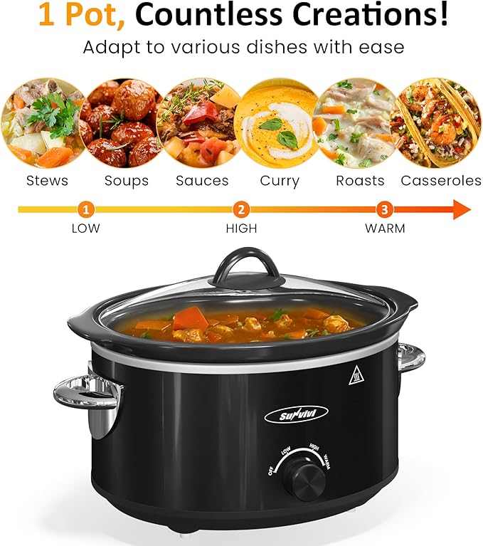 4QT Slow Cooker & Mini Food Warmer with Removable Ceramic Pot, 3 Heating Settings, Dishwasher Safe Glass Lid, Stainless Steel,Black