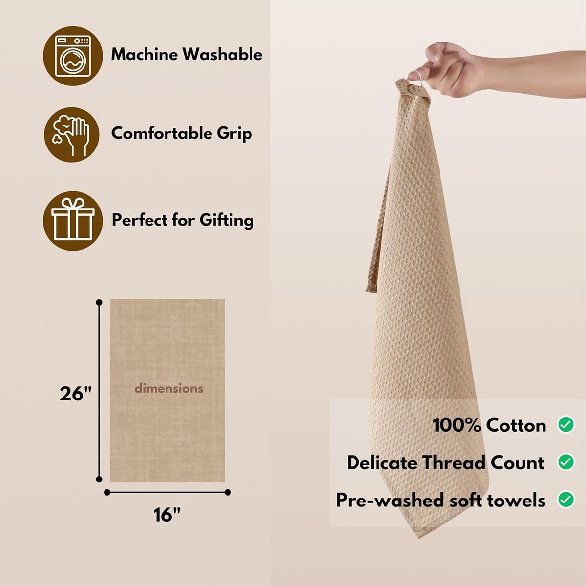 Native Fab Cotton Kitchen Towel with Hanging Loop 16x26 inches, 4-Pack, Waffle Weave Kitchen Towels for Cleaning Drying, Washcloths Soft & Absorbent Cloth Rags, Bar Towel, Dish Cloth, Beige