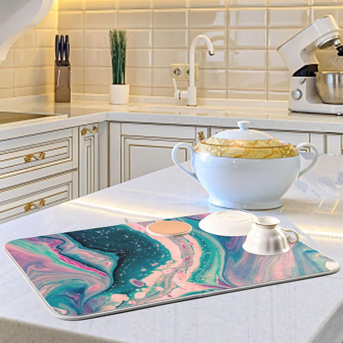 Super Absorbent Dish Drying Mat, Microfiber Fast-Drying Dish Mat, 16" x 18", Kitchen Dish Drying Pad, Marble Pink Green