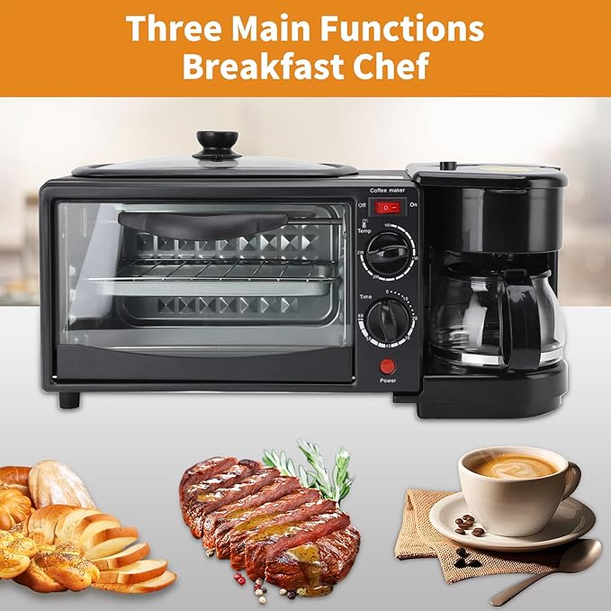 3-in-1 Breakfast Machine with Coffee Maker, Toaster, Non-Stick Griddle, Multi-Function Breakfast Machine with Timer, Kitchen Appliance Ideal for Apartments and Small Kitchens