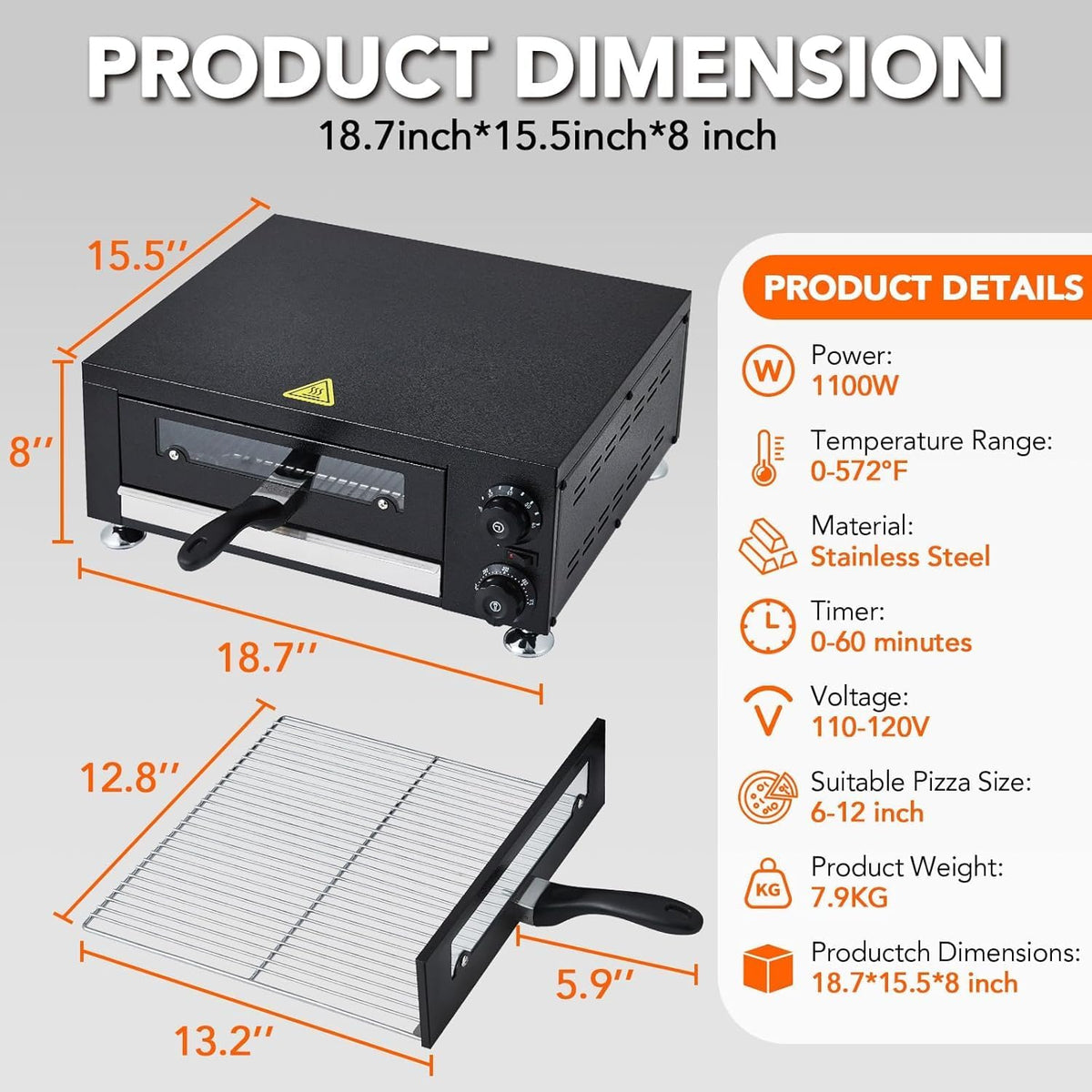 12" Electric Pizza Oven Commercial Pizza Maker with Observation Window Countertop Pizza Machine 1100w With Timer, Stainless Steel Pizza Cooker,Indoor Countertop Pizza Oven