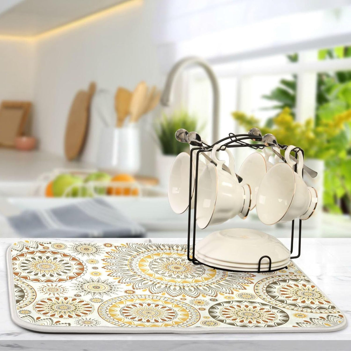 Mandala Ethnic Bohemian Ornament Dish Drying Mat for Kitchen Counter Absorbent Microfiber Drying Pad, Medium 16x18 in, Reversible Drainer Mats