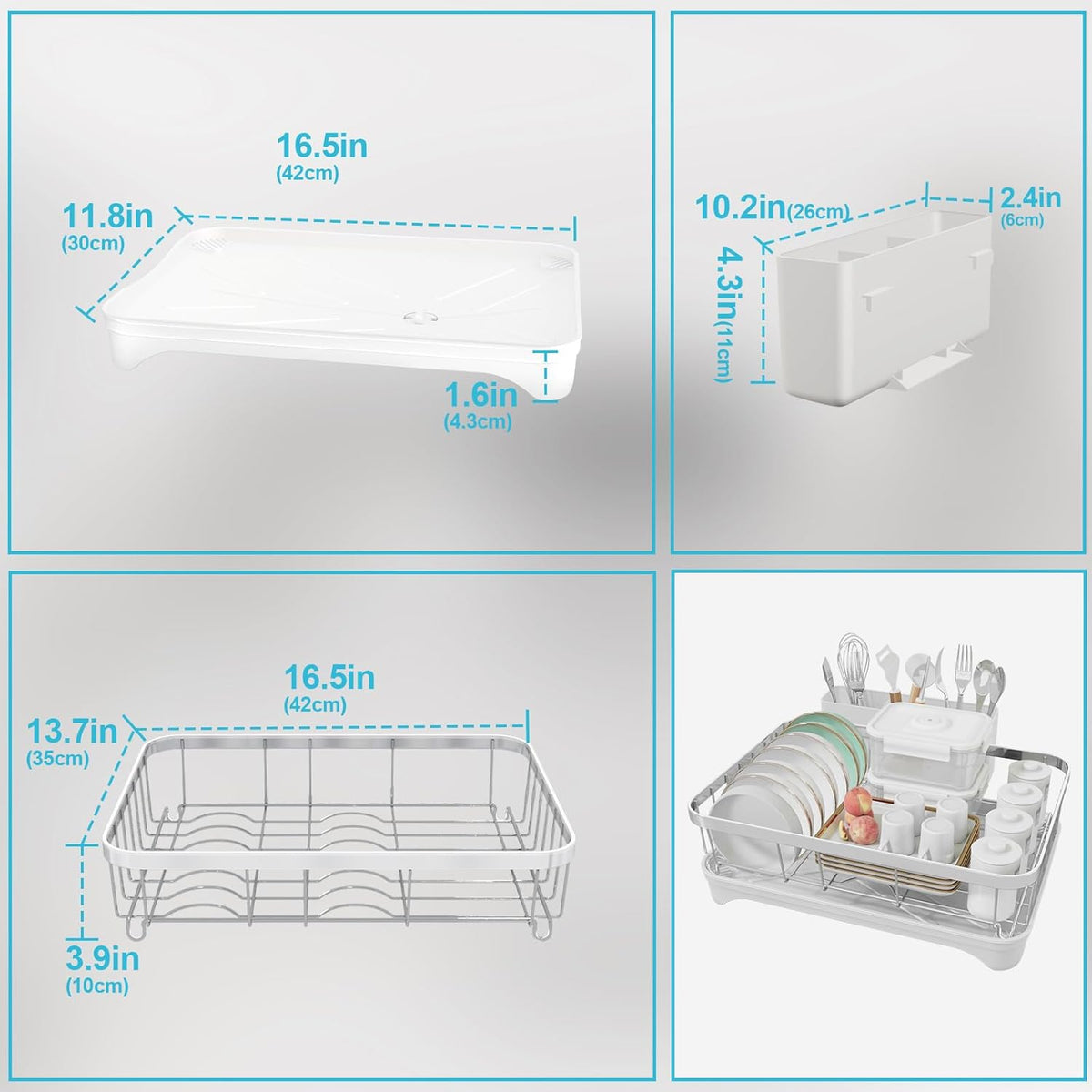 Dish Drying Rack 304 Stainless Steel Dish Racks,Adjustable Spout Auto-Draining Dish Drainers for Kitchen Counter, Large Capacity Dish Rack for Bowls, Cups, White