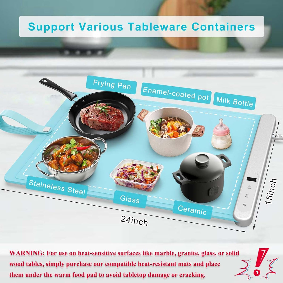 FYY Food Warming Mat - Electric Warming Tray with 6 Temperature Settings and 6 Hours Timer, Full Surface Graphene Heating Food Warmer, Premium Rollable Heating Tray for Gatherings, Parties, Light Blue