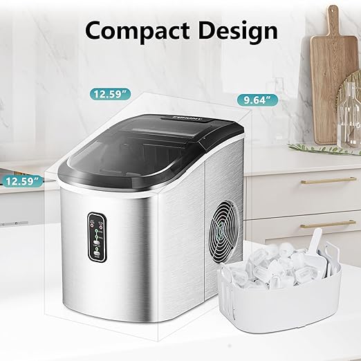 EUHOMY Smart Ice Makers Countertop -26lbs in 24 Hours, 9 Cubes Ready in 8Mins, Self-Cleaning Countertop Ice Maker, Portable Ice Maker with Ice Scoop and Basket, Perfect for Home/Kitchen/Office(Sliver