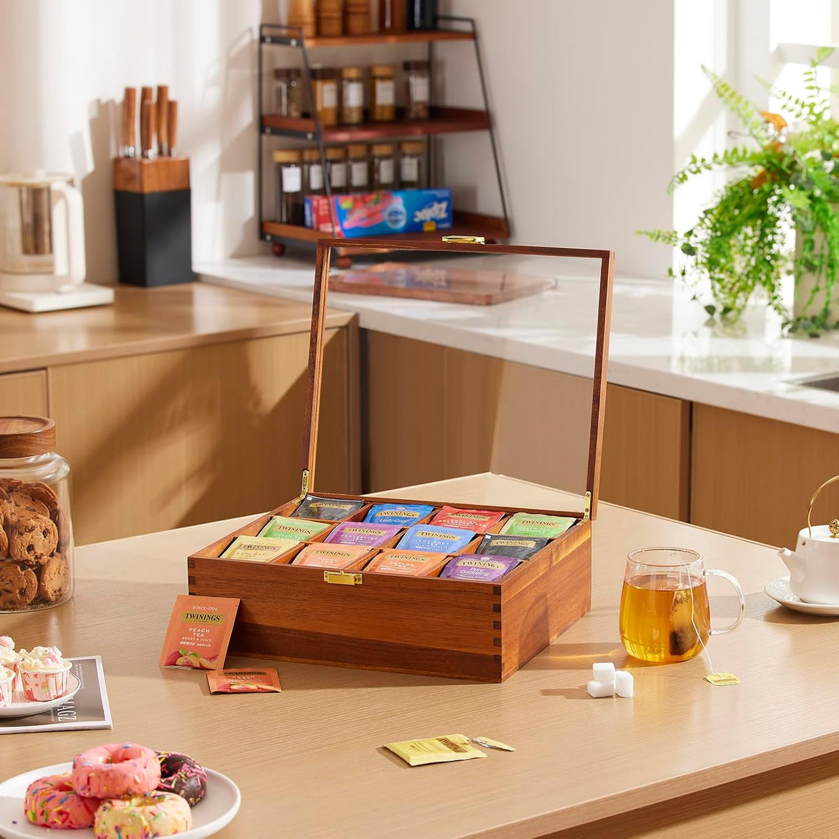 Tea Bag Organizer, Acacia Wood Tea Organizer Box, 12 Compartments Tea Organizer for Tea Bags with Clear Glass Window, Tea Bag Holder for Countertop Kitchen Cabinet Pantry - Keeps Tea Bags Fresh