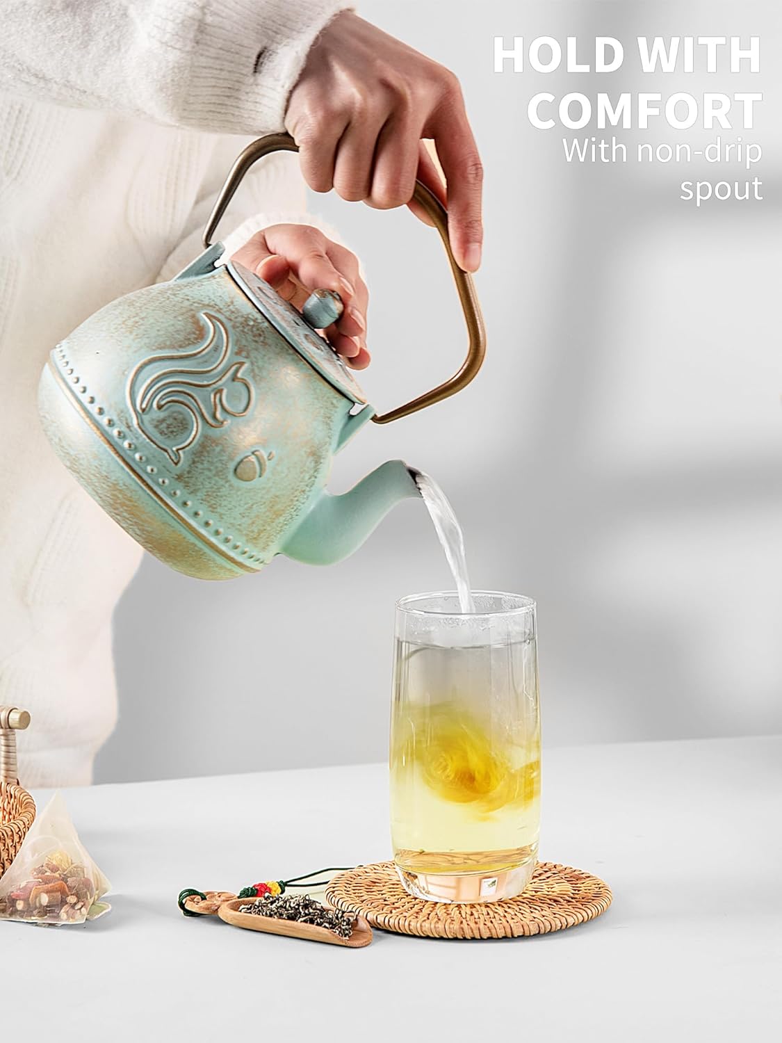 Toptier Teapot with Removable Infuser, Cast Iron Tea Kettle Stovetop Safe, Squirrel Design Tea Pot Coated with Enameled Interior for 32 Ounce (950 ml), Aqua