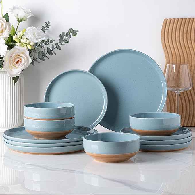 AmorArc Ceramic Dinnerware Sets for 8, 24 Pieces Handpainted Plates and Bowls Set with Rustic Terracotta Underside, Scratch Resistant Stoneware Dishes Set, Dishwasher & Microwave Safe, Stone Blue