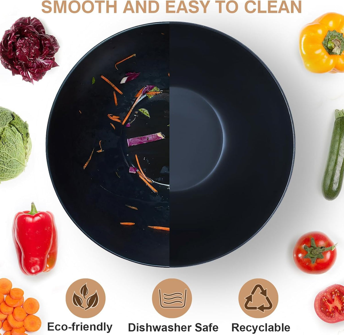 11.3" Extra Large Salad Bowl with Wooden Lid & Servers, 208Oz, Oversized Bamboo Fiber Salad Serving Set with Utensils for Home/Kitchen, Big Lightweight Bowl for Mixing Salad,Fruit,Pasta - Matte Black
