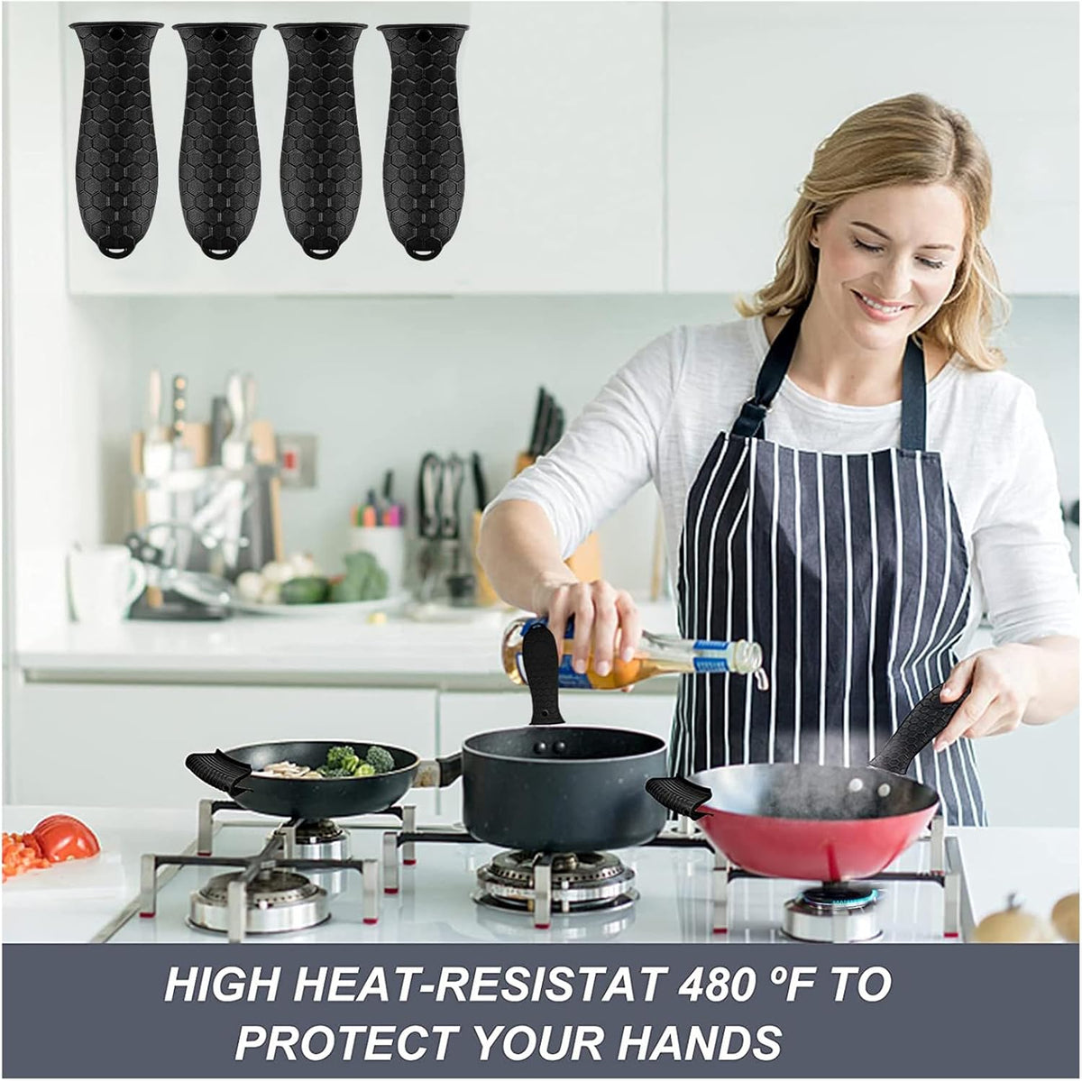 4 Pcs Silicone Hot Handle Holder, Potholder for Cast Iron Skillets, Non-Slip Rubber Pot Handle Sleeve Heat Resistant for Frying Pans & Griddles Sleeve Grip Handle Cover,Metal cookware Handles, Black