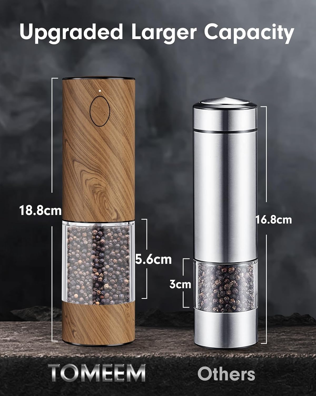 TOMEEM Upgraded Larger Capacity Electric Salt and Pepper Grinder Set Rechargeable with LED lights, Stainless Steel Automatic Pepper and Salt Grinder Refillable with 5 Adjustable Coarseness Wood Grain