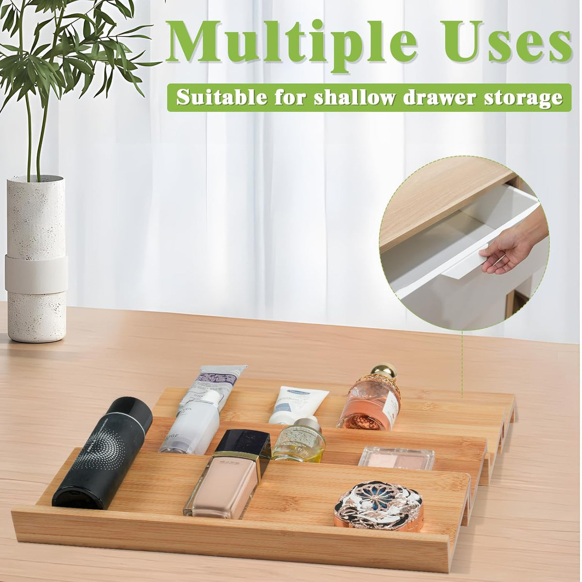 Bamboo Spice Drawer Organizer for Insert Shallow Drawer, 8 Tier Stackable Spice Rack Organizer for Cabinet(4.8" D x 13" W x 1.65" H) Seasoning Storage Organization for Kitchen Pantry Drawer