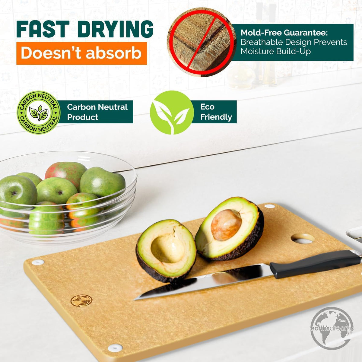 Earth’s Dreams Wood Cutting Board 17x12 Extra Large - Charcuterie Board, Non-Plastic, Non-Toxic, Heavy-Duty, Dishwasher Safe (Tan/Blacks)