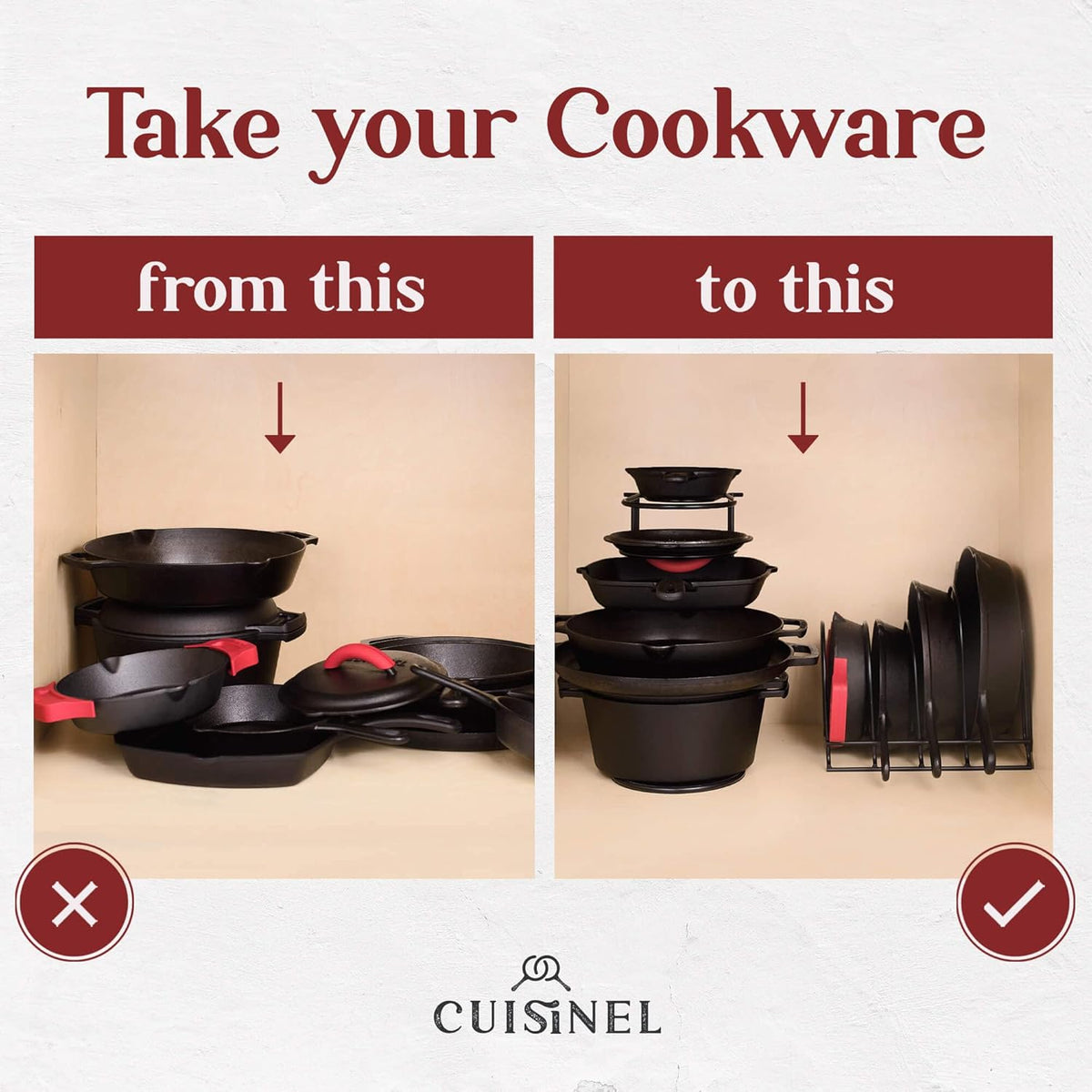 Cuisinel Pots and Pans Organizer - 15" Heavy Duty Skillet Rack - 2 Pack - Kitchen Counter/Cabinet Organization Storage - Holder for Cookie Sheet, Cutting Board, Cast Iron Cookware, Dish, Lid Stand