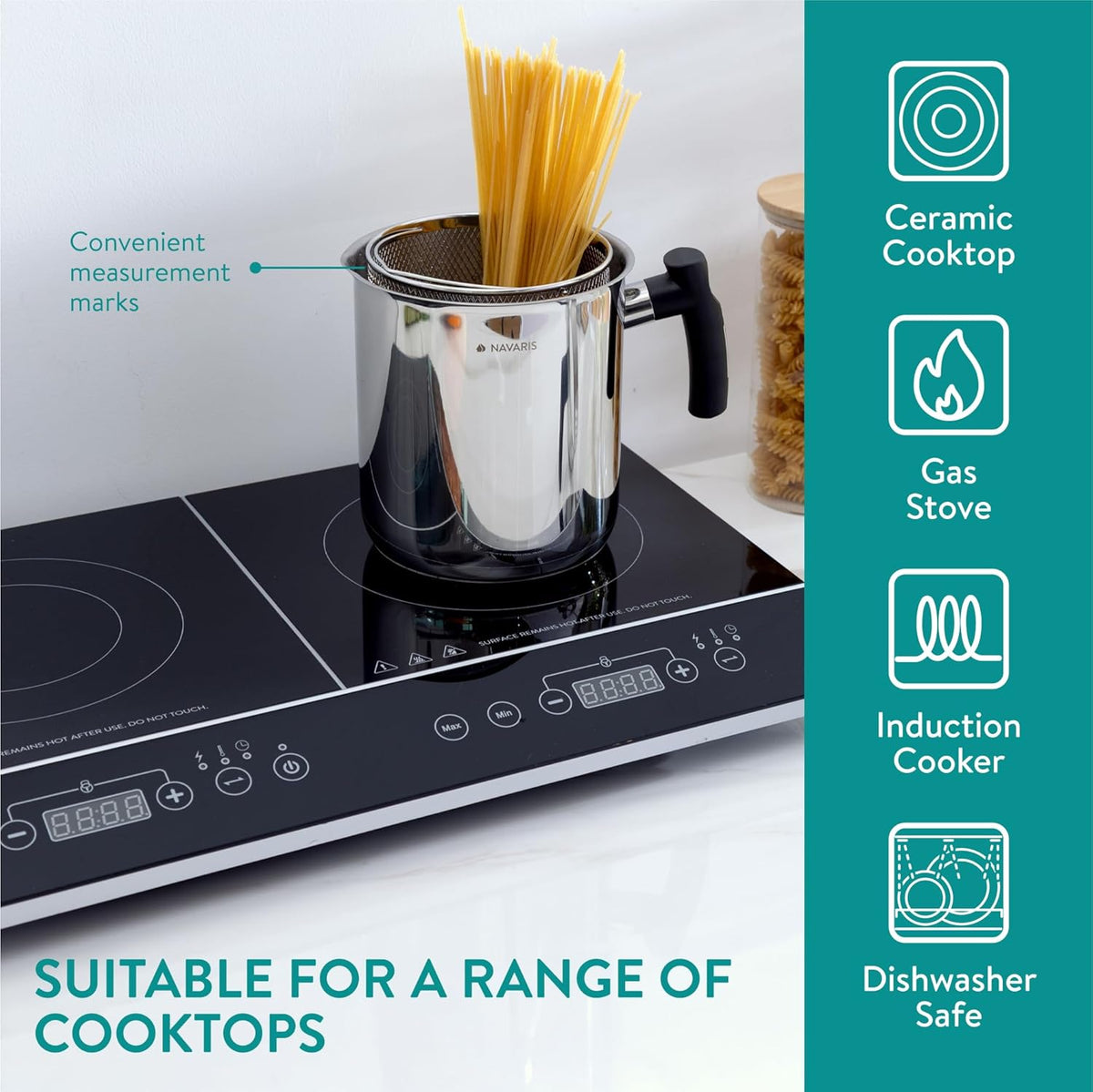 Navaris Stainless Steel Multifunctional Spaghetti Cooker & Steam Pot - 3.4L Capacity - Includes Lid & Basket - Silver