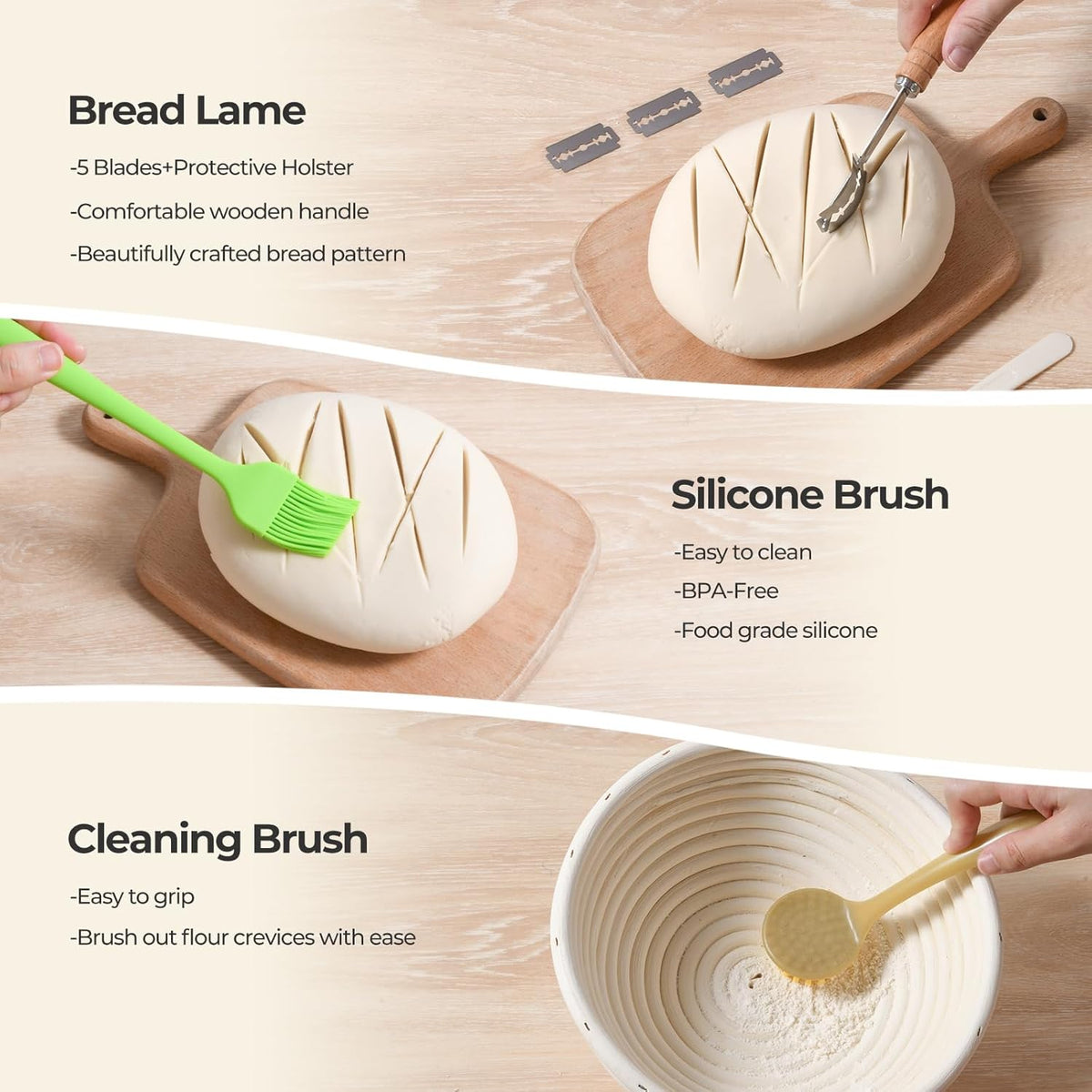 Banneton Bread Proofing Basket Set, 9" Round & 10" Oval Natural Rattan Sourdough Bowl with Linen Liner, Sourdough Starter Kit, Fermented Cloth, Silicone Bread Sling, Ideal for Homemade Bread