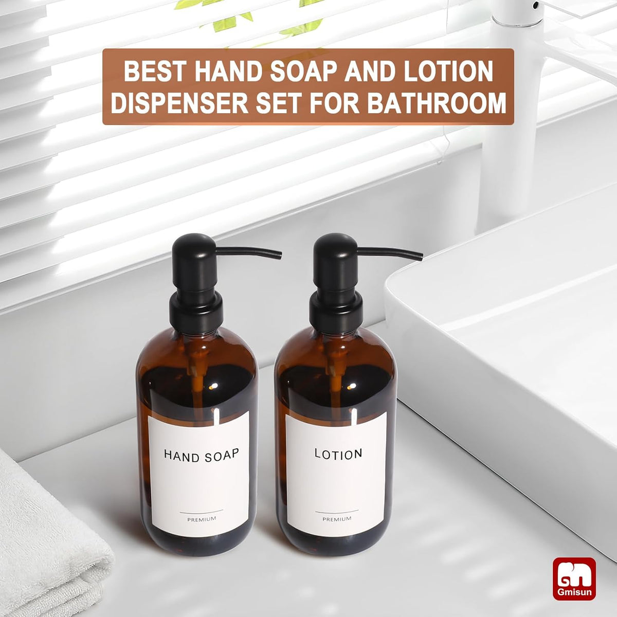 GMISUN Amber Glass Soap Dispenser, 2 Pack Bathroom Hand Soap Dispensers with Stainless Steel Pump, 17 Fl Oz Kitchen Hand and Dish Soap Dispenser Set, Modern Vintage Liquid Brown Soap Dispensers Bottle