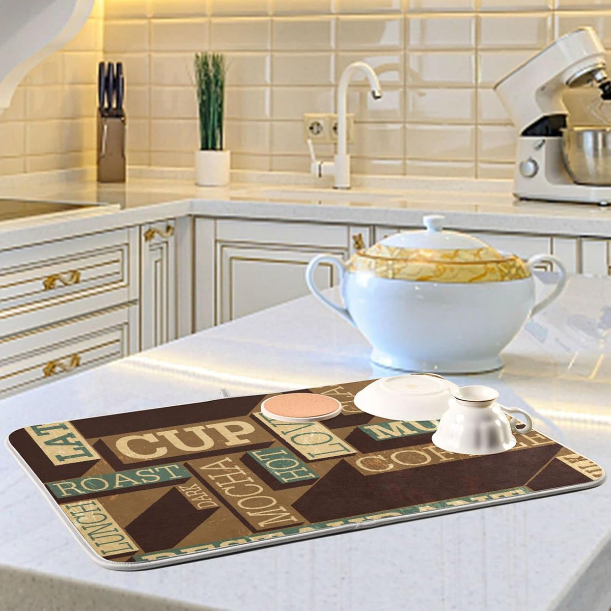 senya Super Absorbent Dish Drying Mat, Microfiber Fast-Drying 24'' x 18'', Kitchen Pad, Coffee Themed Seamless Retro