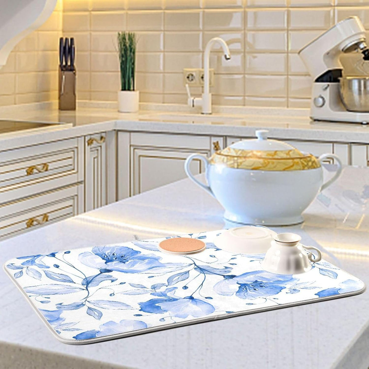 Spring Blue Flowers Leaves Dish Drying Mat for Kitchen Counter Absorbent Microfiber Drying Pad, Large 18x24 in, Reversible Drainer Mats