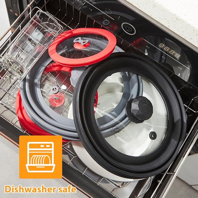 Microwave Splatter Cover Vented Glass Splatter Guard Lid with Collapsible Silicone for Food as Pot Cover Plate 9.8 inch Black