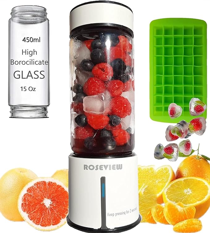 Portable Smoothie blender ROSEVIEW Glass bottle USB rechargeable mini Handheld Ice Shakes Cup 2 blend juicer Cordless Personal smoothies maker Fruit mixer