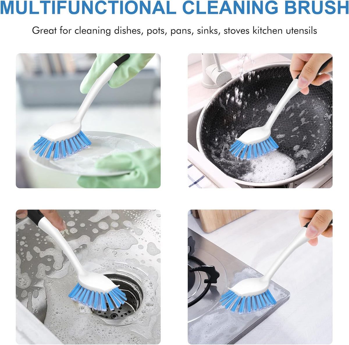 SetSail Dish Brush with Handle, 2 Pack Stiff Bristles Dish Scrubber with Built-in Scraper Dish Scrub Brushes for Cleaning Dishes, Pots and Pans, Kitchen Sink, 3 Pack, Black Blue