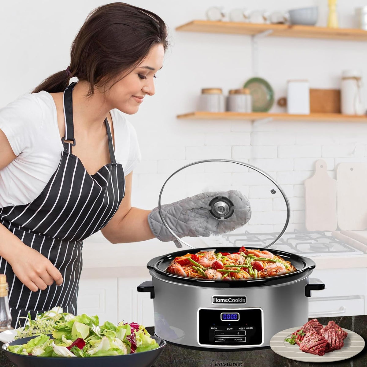 HOMECOOKIN 6-Quart Digital Programmable Slow Cooker with Timer - Small Kitchen Appliance for Family Dinners - Serves 6+ People - Heat Settings: Keep Warm, Low and High