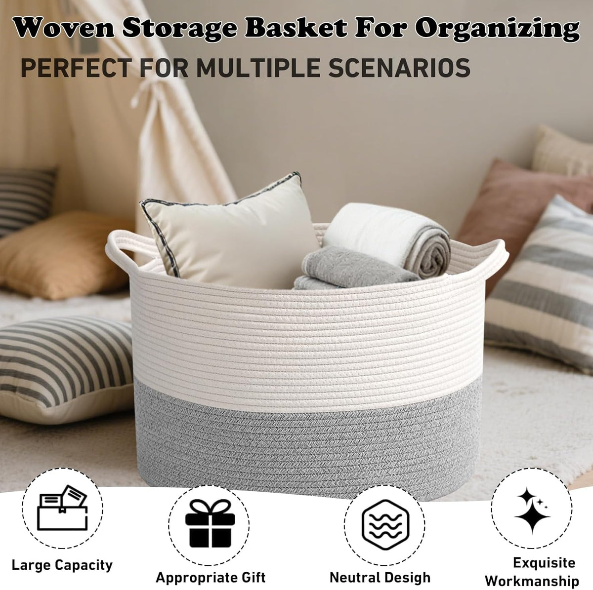 Large Blanket Basket for Organizing,65L Closet Organizers and Storage Bins Box for Shelves Woven Rope Storage Baskets,Living Room,Bedroom,Dorm,Laundry room (White&Grey)