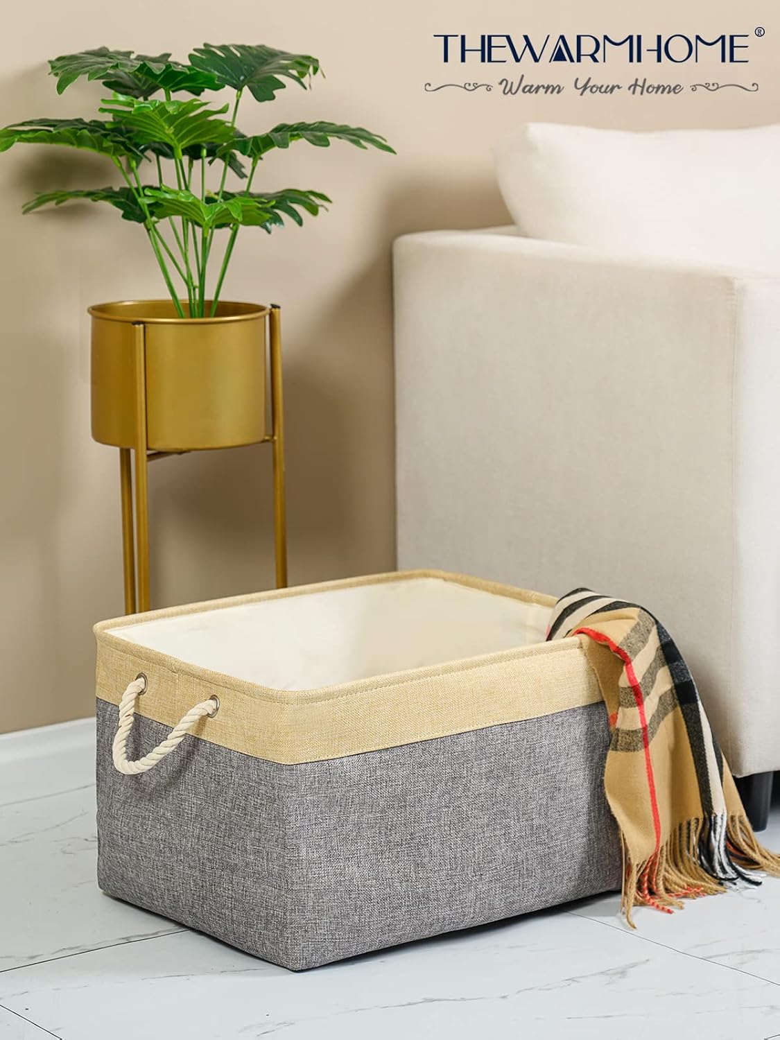 TheWarmHome Storage Baskets for Organizing, Extra Large-3Pack, 17.7L×13.8W×9.8H inch Large Sturdy Storage Bins, Decorative Storage Baskets for Shelves Closet Nursery (Gold&Grey)