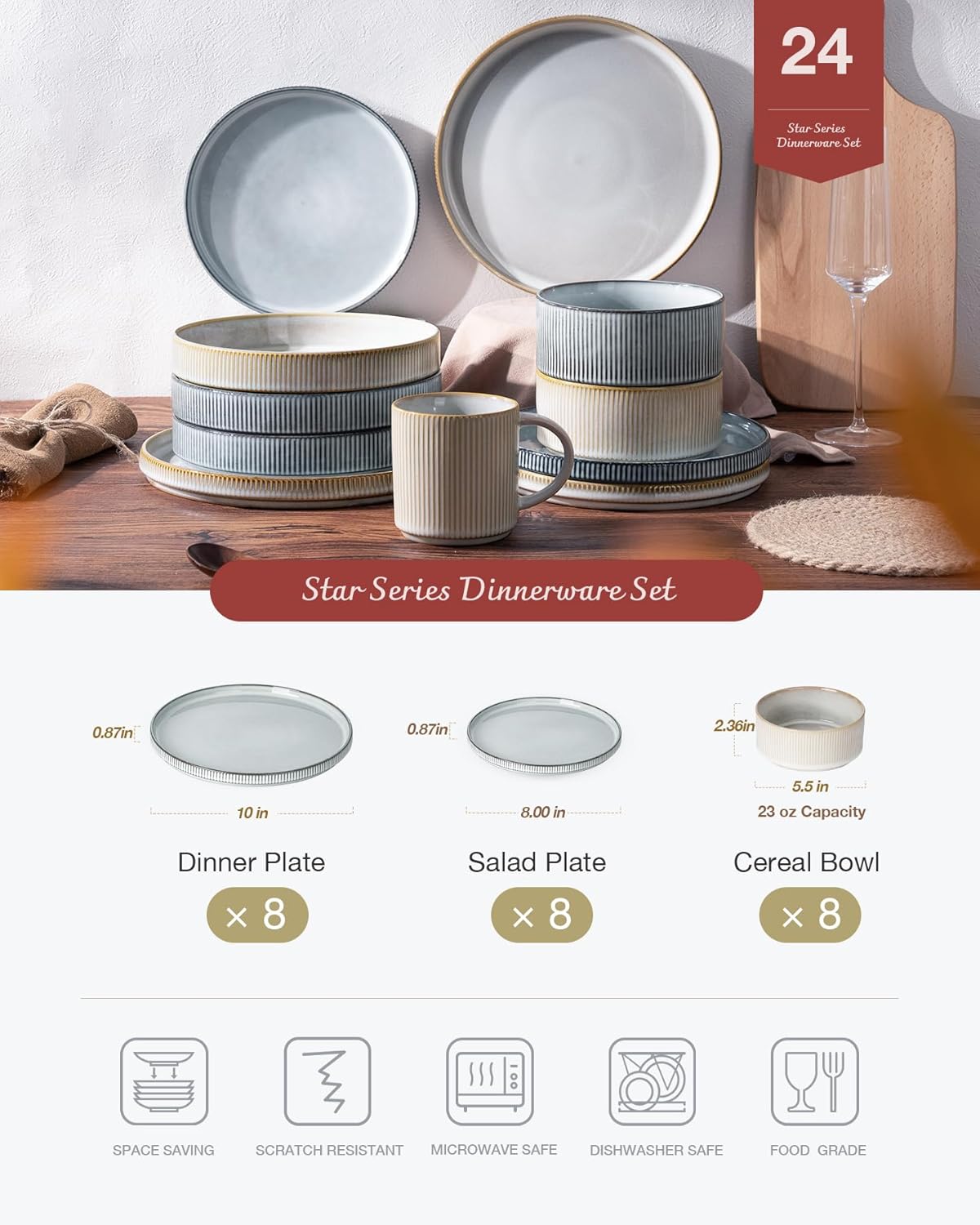 Famiware Star Dinnerware Set, Plates and Bowls Sets for 8 (24pcs), Ribbed Stoneware Dishes - Chip & Scratch Resistant, Microwave & Dishwasher Safe, Multicolor - Cappuccino White & Smoky Blue