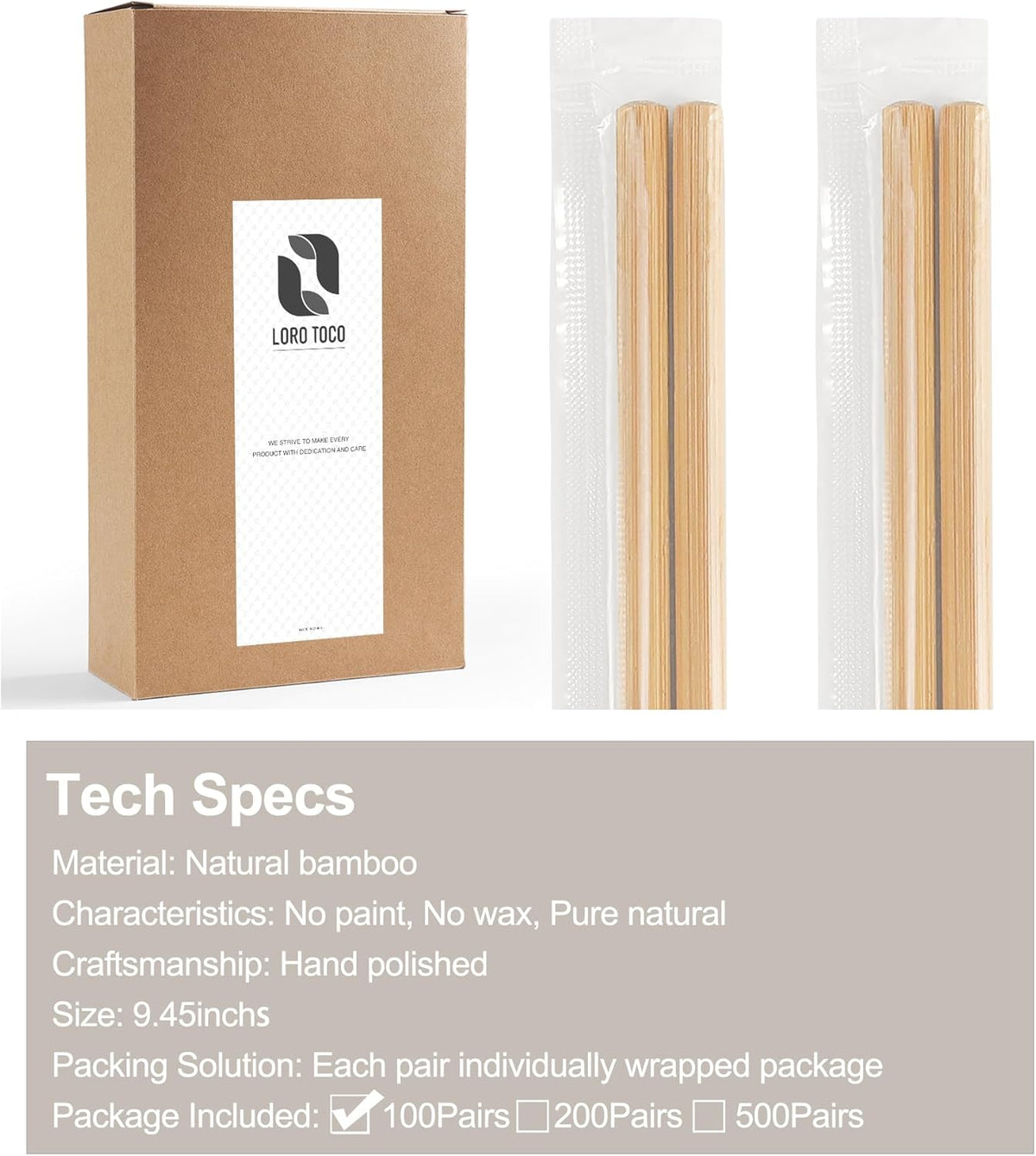 100Pairs Bamboo Chopsticks Disposable | Individually Wrapped | Bulk | Separated | Round | Premium Quality-(9.45in)