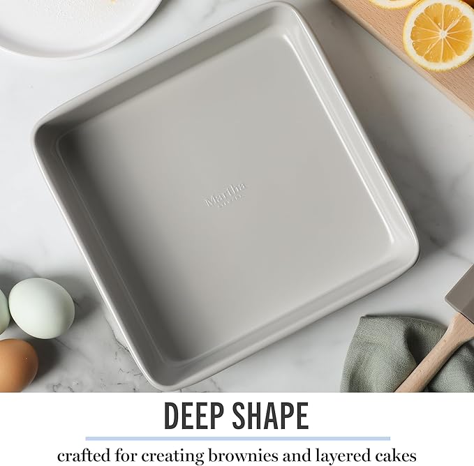 Martha Stewart Gallen 9 Inch Square Nonstick Carbon Steel Cake Pan – Cool Grey, Durable Bakeware for Even Baking and Easy Release