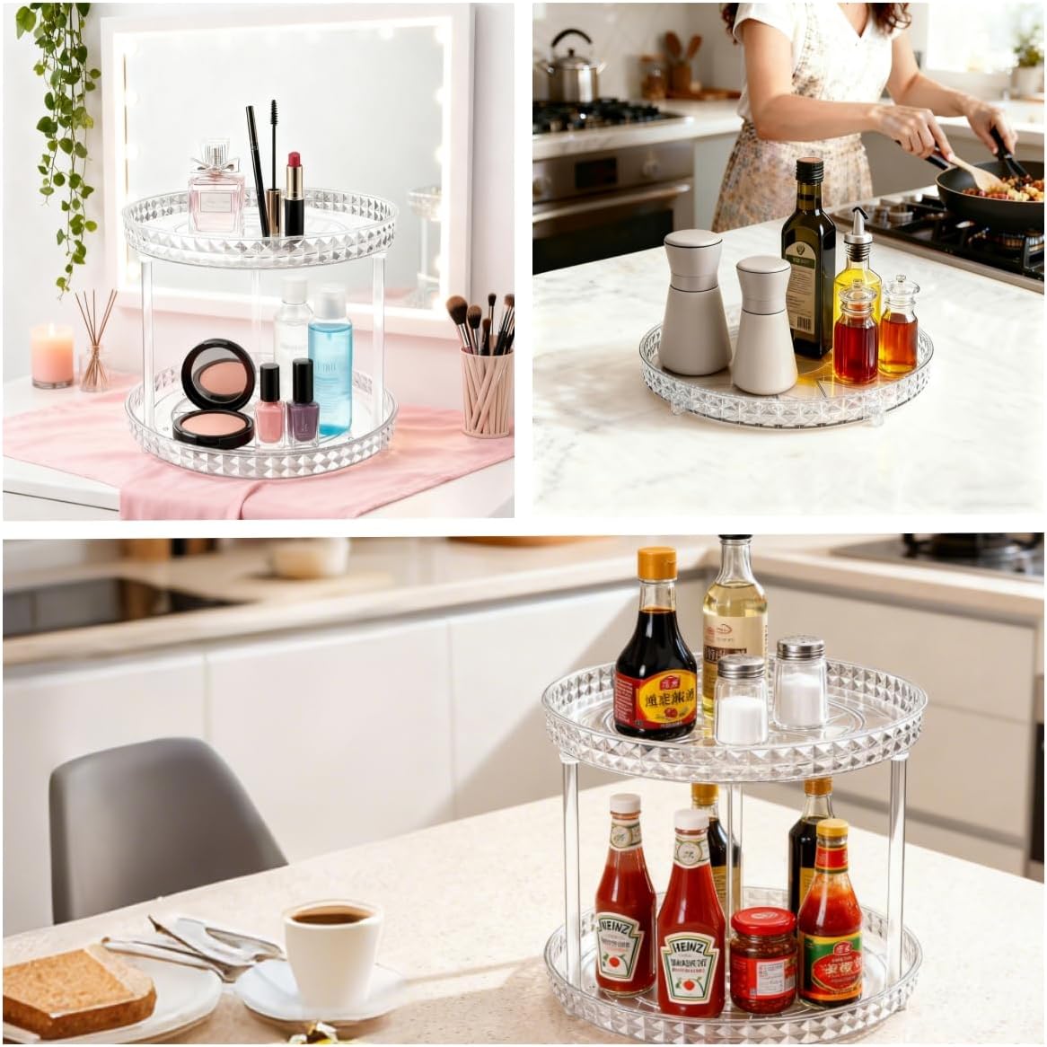 Lazy Susan Turntable Organizer, Rotating Makeup Organizer for Vanity, Desktop Cosmetics Display Cabinet Perfume Organizer for Kitchen, Bathroom, Dorm, Bedroom (Diamond Clear, 9.25inch 1 Tier)