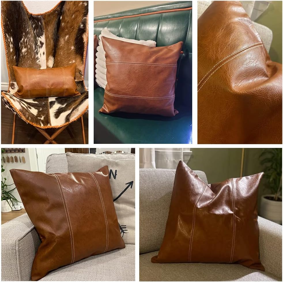 Fancy Homi Brown Boho Lumbar Faux Leather Decorative Throw Pillow Covers 12x20 Inch for Living Room Couch Bed Sofa, Hand Stitched Rectangle Cushion Case 30x50 cm, Rustic Modern Farmhouse Home Decor