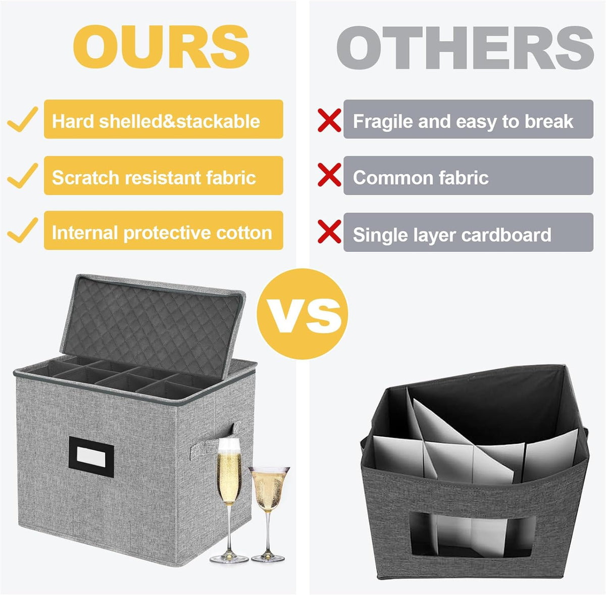 VERONLY Champagne Flute Storage Box with Dividers, Champagne Glass Storage Container, Hard Shell Stemware Storage Case Organizer for 12 Crystal Champagne Flutes Storage and Organization (Grey)