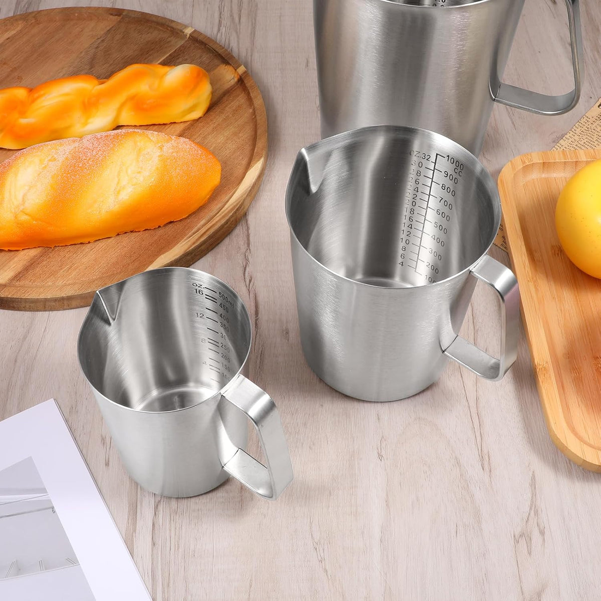 3 Pieces Stainless Steel Measuring Cups Metal Pitcher with Oz and ML marking Measuring Cup with Handle and Pour Lip, 16 Ounce (2 Cups), 32 Ounces (4 Cup), 64 Ounces (8 Cup)