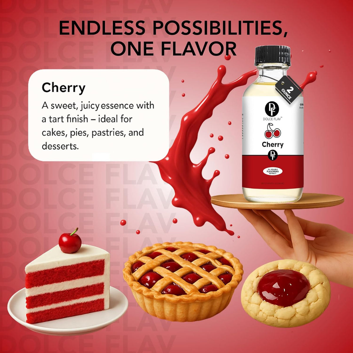 Dolce Flav Cherry Extract – 2 Ounce Oil-Soluble Kosher, Sugar-Free, Concentrated Fruity Flavor for Candy, Chocolates & Desserts, Includes Measured Dropper