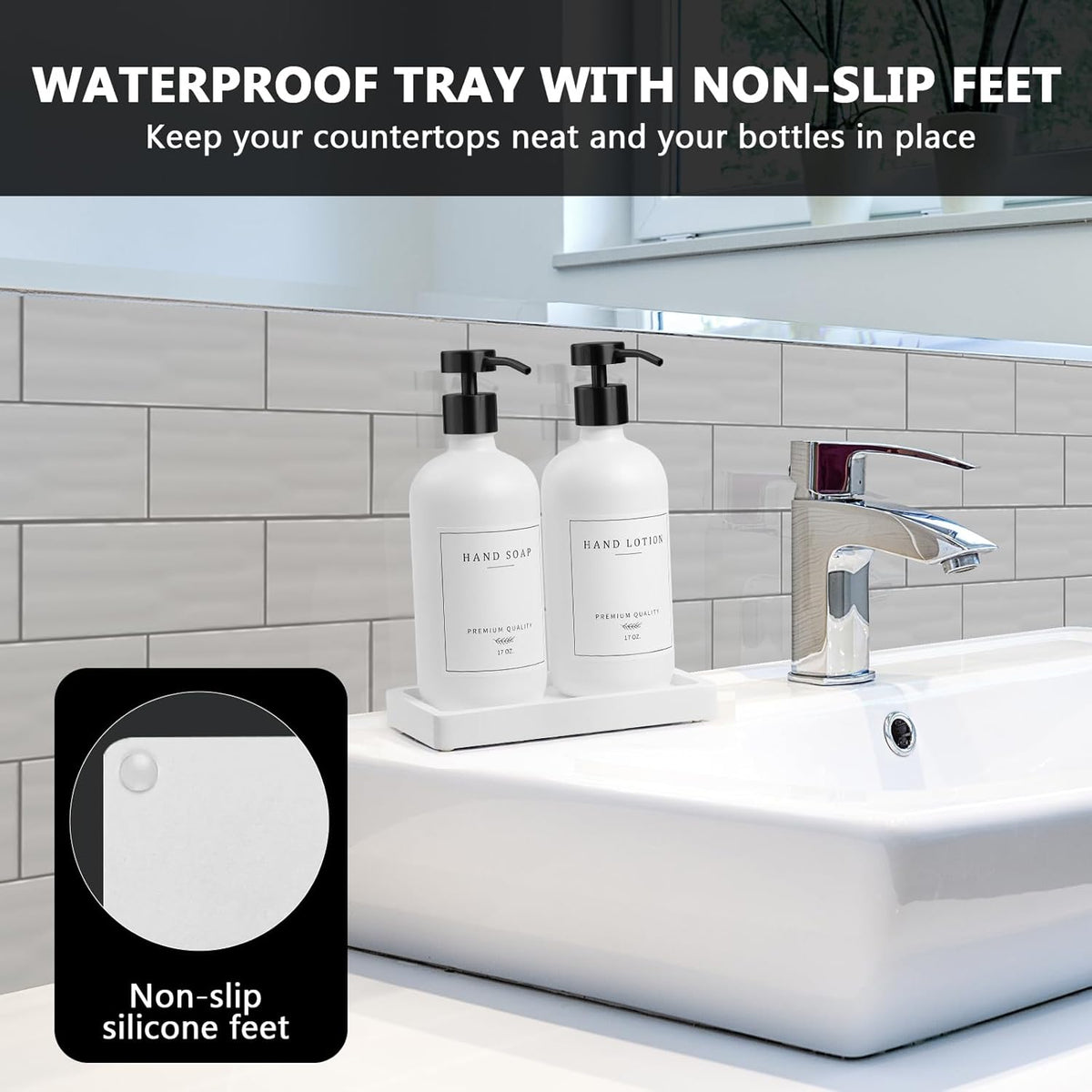 Kitchen Soap Dispenser - Hand and Dish Soap Dispenser Set, Bathroom Glass Soap and Lotion Dispenser with Pump, Tray, 14 Waterproof Labels, Set of 2 White Bottle/Black Pump-pd