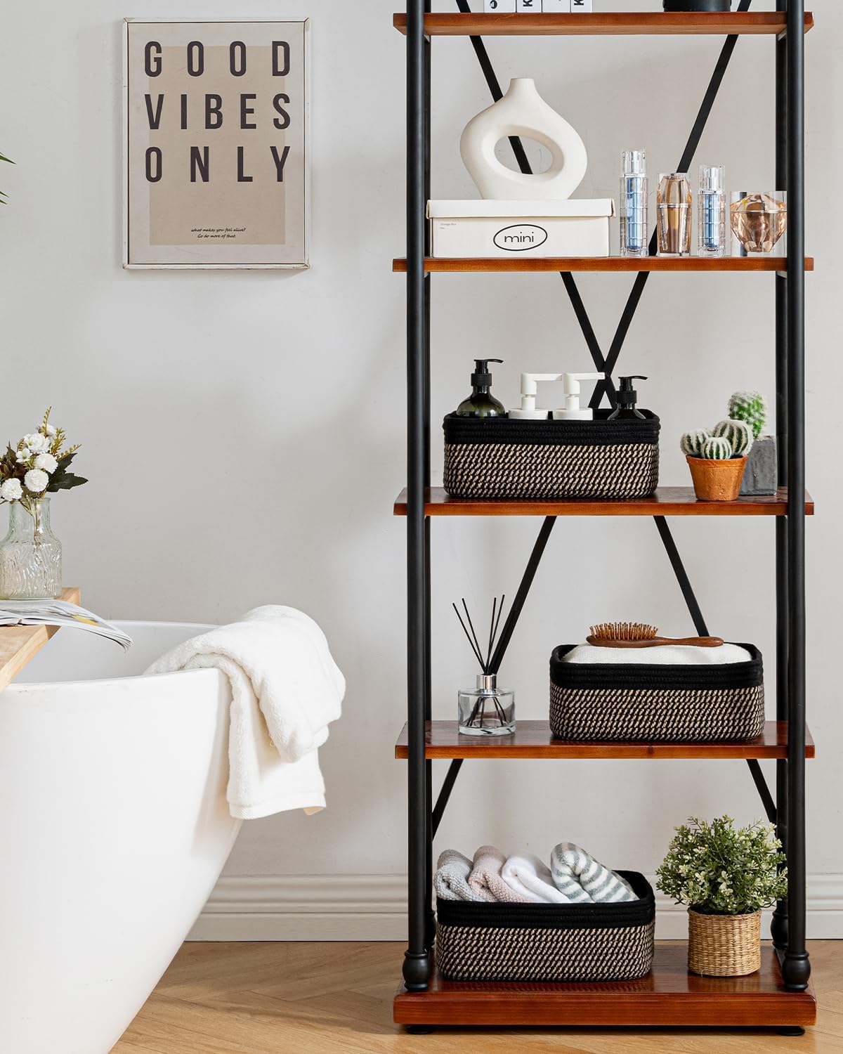 Small Woven Basket, 12 x 8 x 4.5 Inches, Storage Basket for Organizing, Cute Small Rope Shelf Closet Cube Storage Bins Baskets for Shelves, Dog Toy Gift Baskets Empty, 3 Pack Black & Brown