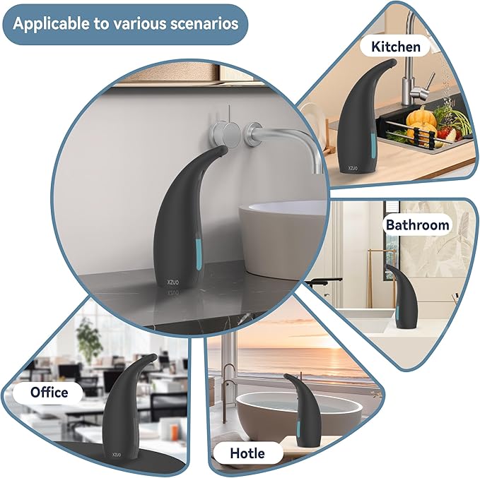 Automatic Soap Dispenser with Infrared Sensor - Adjustable 4-Level Touchless Hand Soap for Kitchen, Bathroom - Battery Operated Electric Dispenser, Durable Plastic, Smart Soap Holder (Black)
