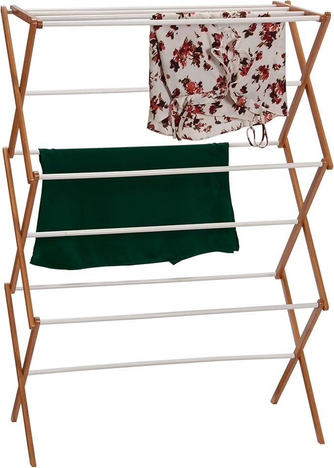 Household Essentials Bamboo Folding Clothes Drying Rack | White Finish, 11 Dowels & Flat Drying Shelf | Eco-Friendly, Collapsible Laundry Rack for Dorms, Apartments & Small Spaces | Fully Assembled