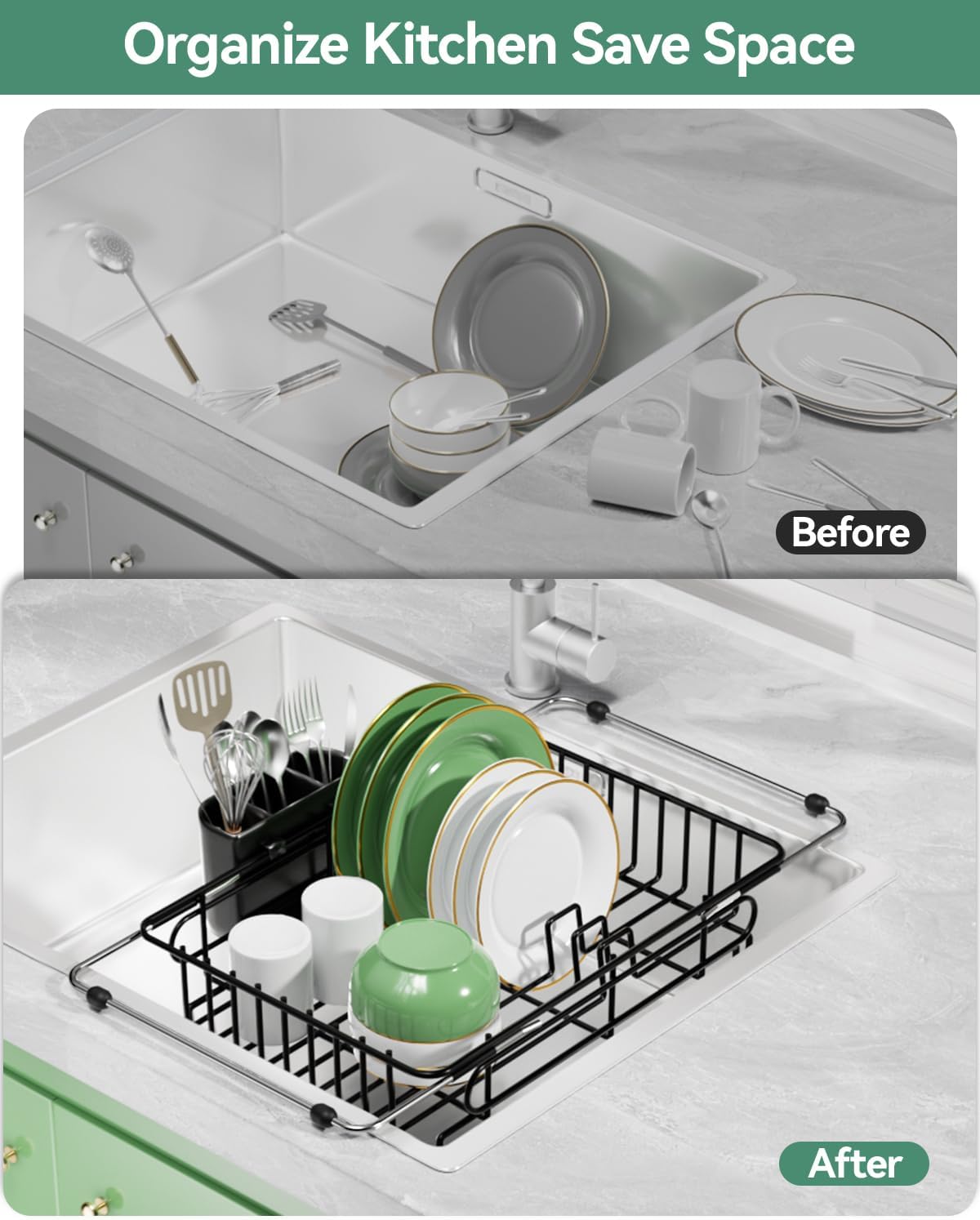 Expandable Dish Drying Rack for in-Sink, Over-Sink, and Counter Use, Dish Drainer with Removable Cutlery Holder, Space Saving & No Assembly Needed 10.5" W x 15" L