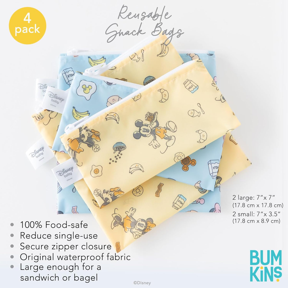 Bumkins Disney Reusable Sandwich and Snack Bags, for Kids School Lunch and for Adults Portion, Washable Fabric, Waterproof Cloth Zip Bag, Travel Pouch, Food-Safe Storage, 4-pack Set Mickey and Minnie