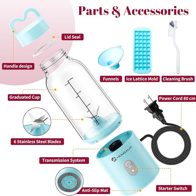 2PCS Portable Personal Blender 17 OZ/500 ML Juicer, 175W Personal Size Blender, Ideal for Smoothies, Ice Blending, Juicing, and Food Processing, Compact, Convenient, and Versatile(Blue&White)