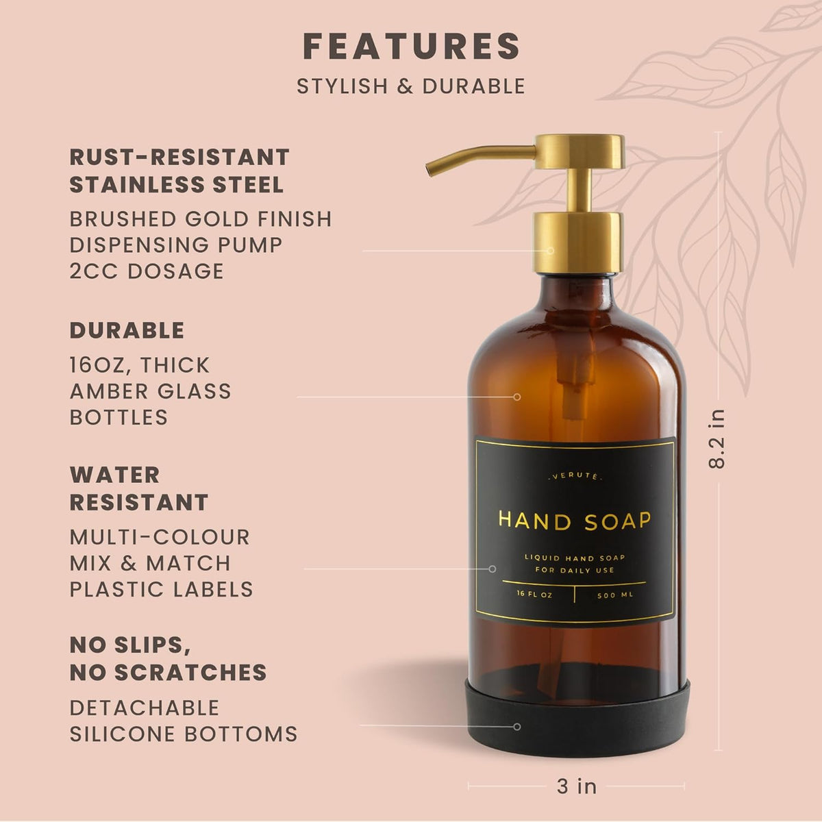 16oz Glass Soap Dispenser with Stainless Steel Pump, 21 Waterproof Labels, Non-Slip Protective Silicone Pad, Set of 2 for Bathroom & Kitchen (Amber Bottle/Brushed Gold Pump)