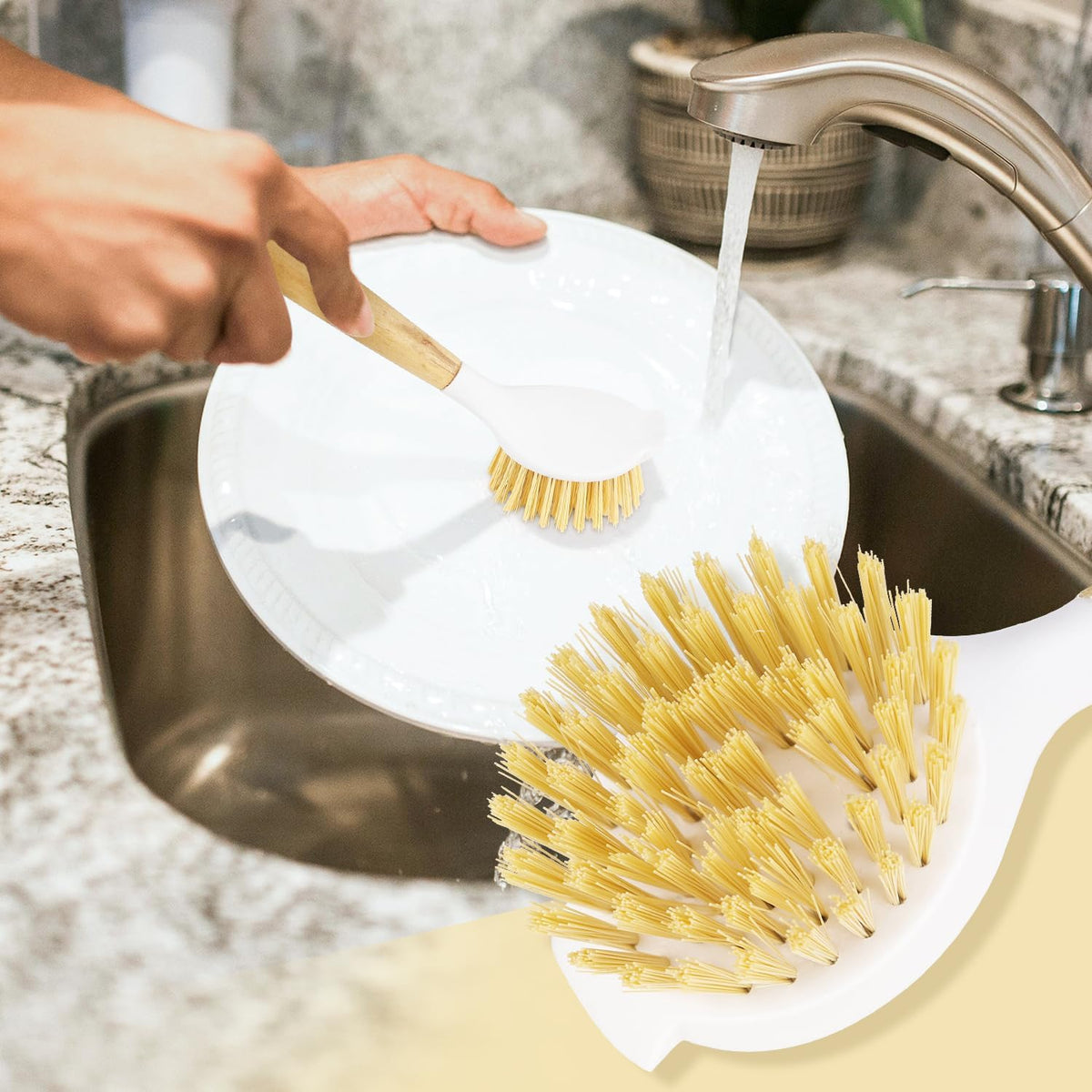 2 Pack Kitchen Scrub Brushes for Cleaning Dish Brush with Handle for Pans, Pots, Kitchen Sink Cleaning Scrub Brushes (Wooden Handle)