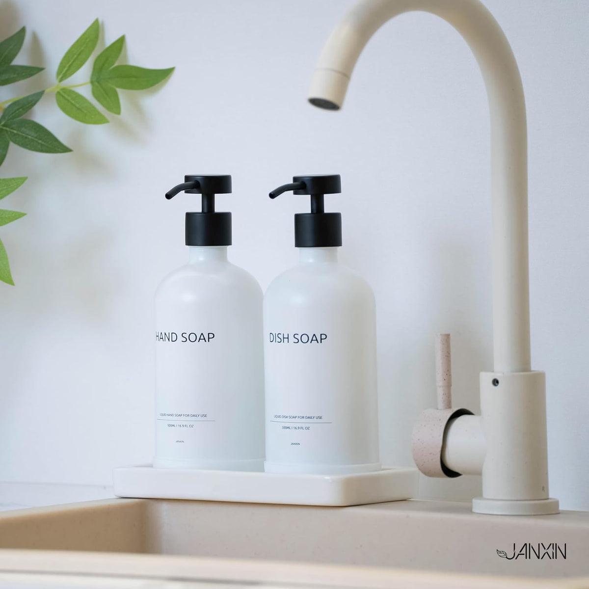 Glass Soap Dispenser Set with Ceramic Tray, 16.9 floz Hand and Dish Soap Dispenser for Bathroom Decor, White and Black Kitchen Accessories (White Bottles + Black Pumps)