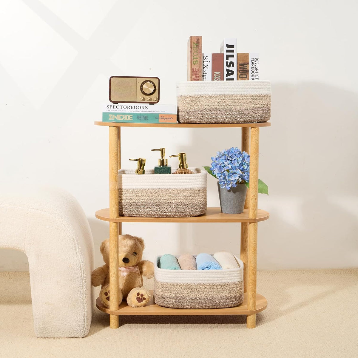 Small Storage Baskets for Organizing | Closet Organizer Bins | Shelf Toy Basket | Woven Rope Baskets | Cube Decorative Box | Shallow Basket | 13x8.5x5.1” | 4 Packs Gradient Brown